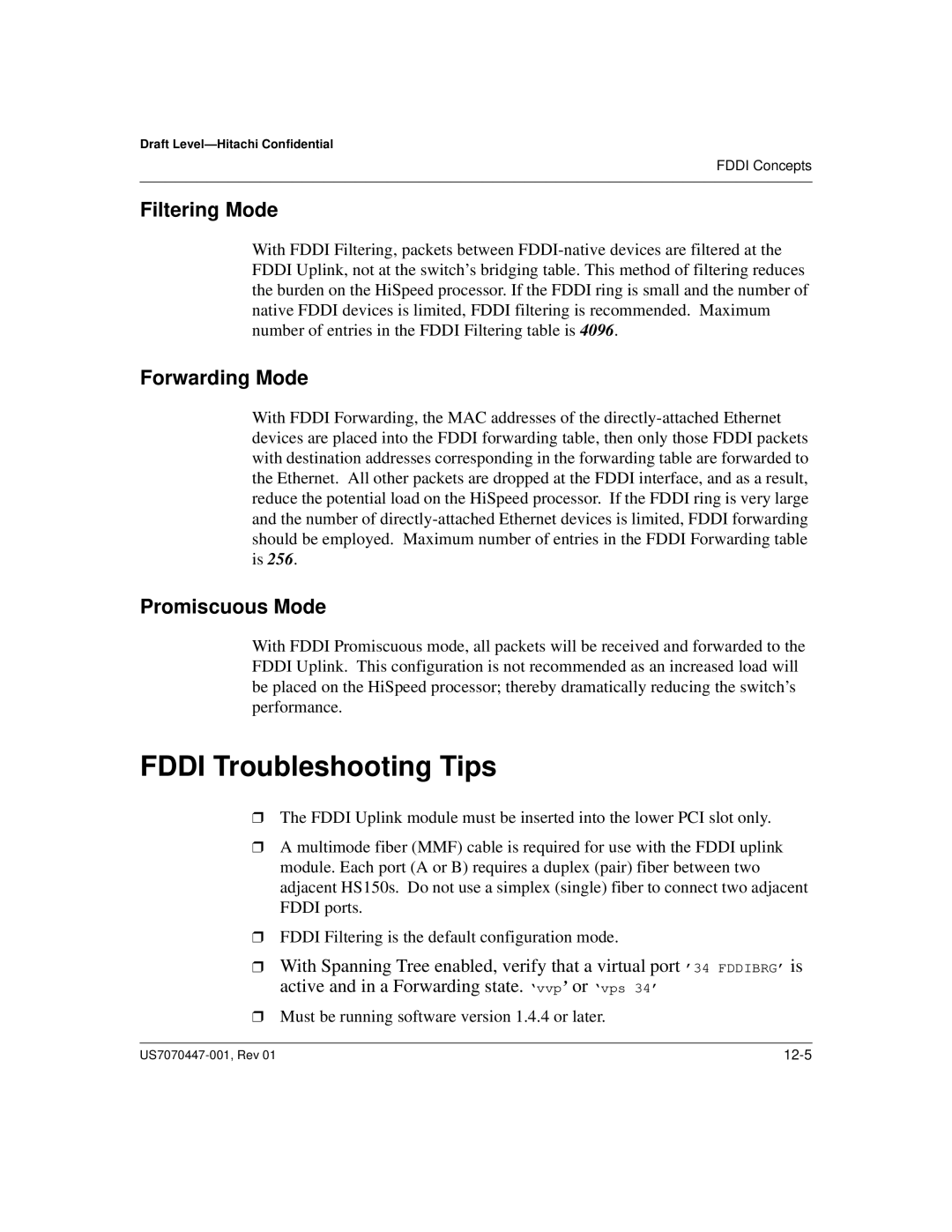 Hitachi US7070447-001 manual FDDI Troubleshooting Tips, Filtering Mode, Forwarding Mode, Promiscuous Mode 