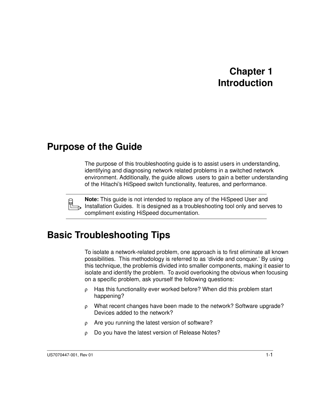 Hitachi US7070447-001 manual Chapter Introduction Purpose of the Guide, Basic Troubleshooting Tips 