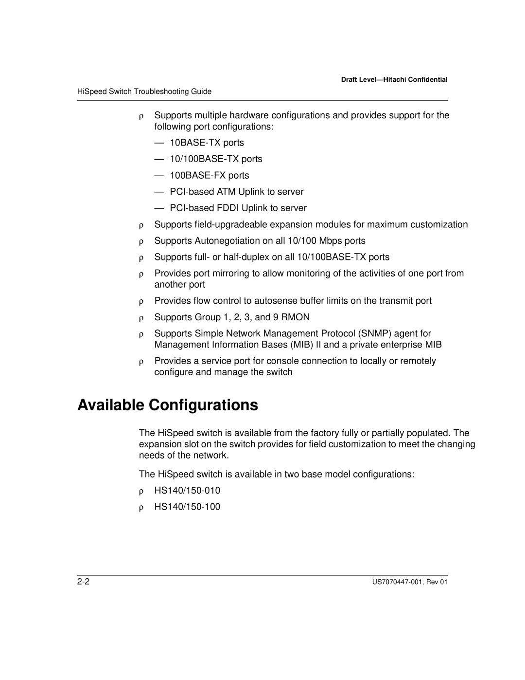 Hitachi US7070447-001 manual Available Configurations 