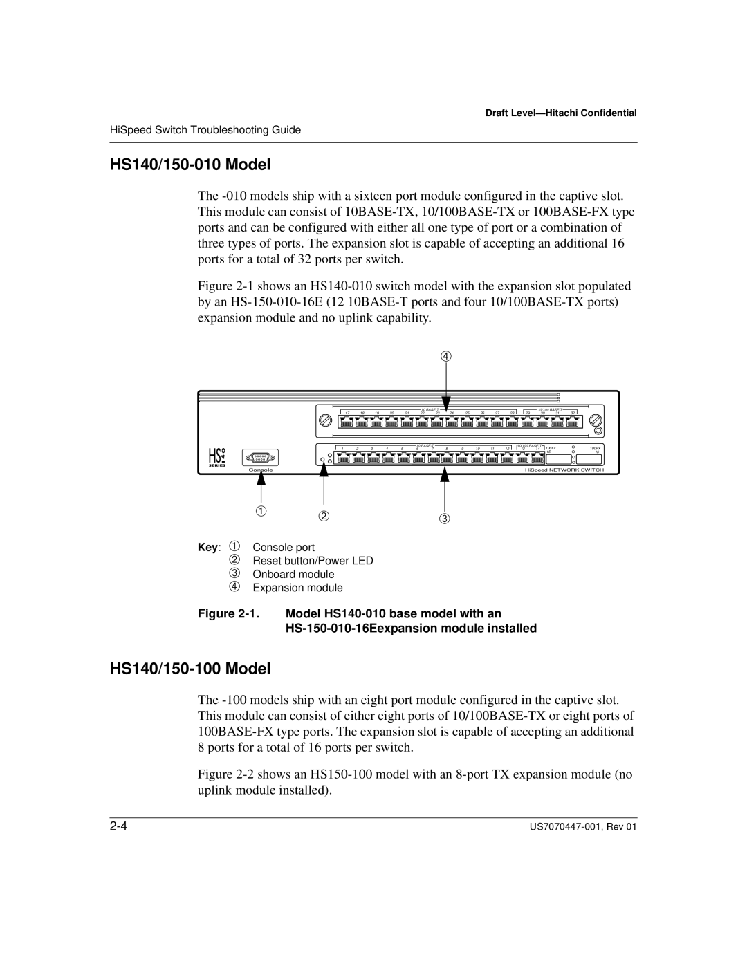 Hitachi US7070447-001 manual HS140/150-010 Model, HS140/150-100 Model 