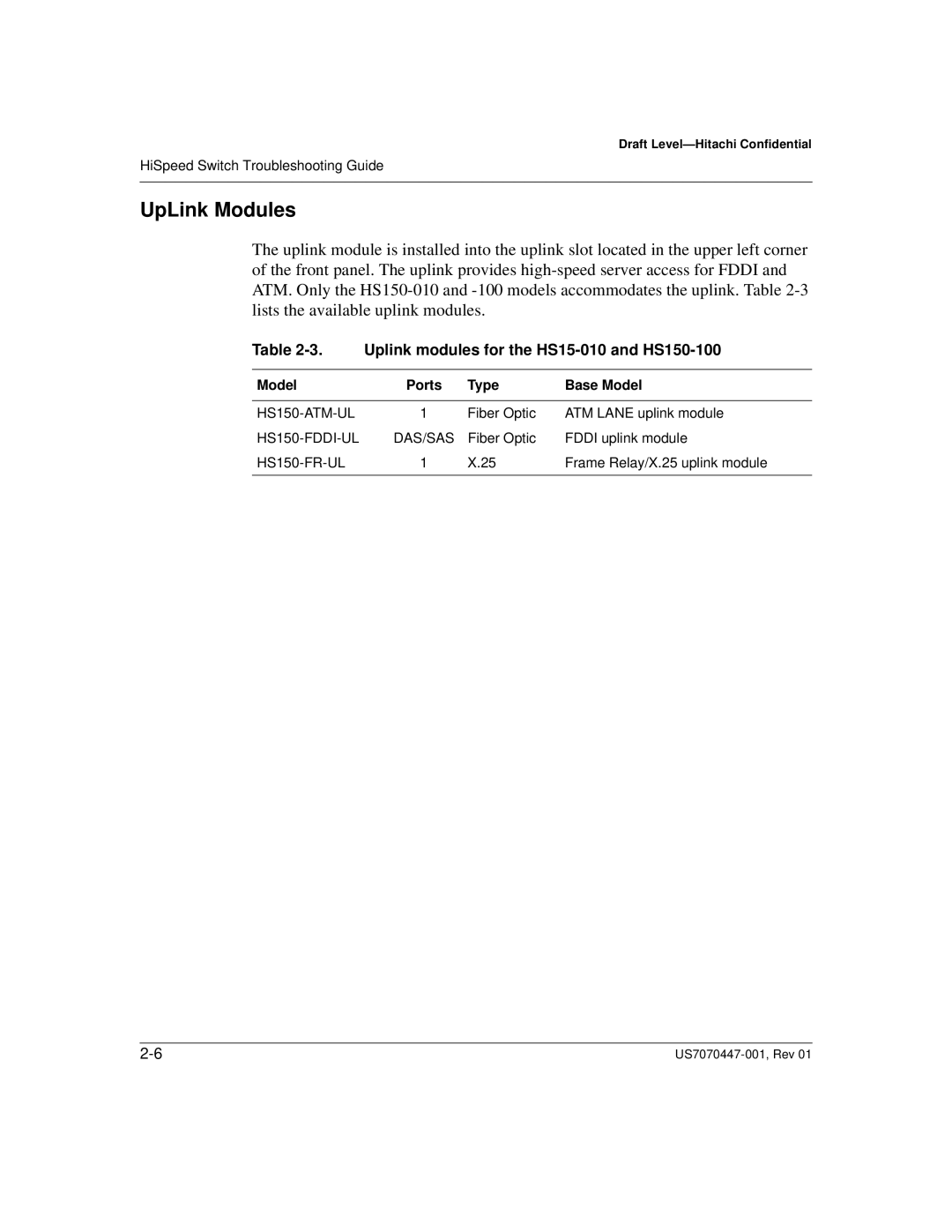 Hitachi US7070447-001 manual UpLink Modules, Uplink modules for the HS15-010 and HS150-100, Model Ports Type Base Model 