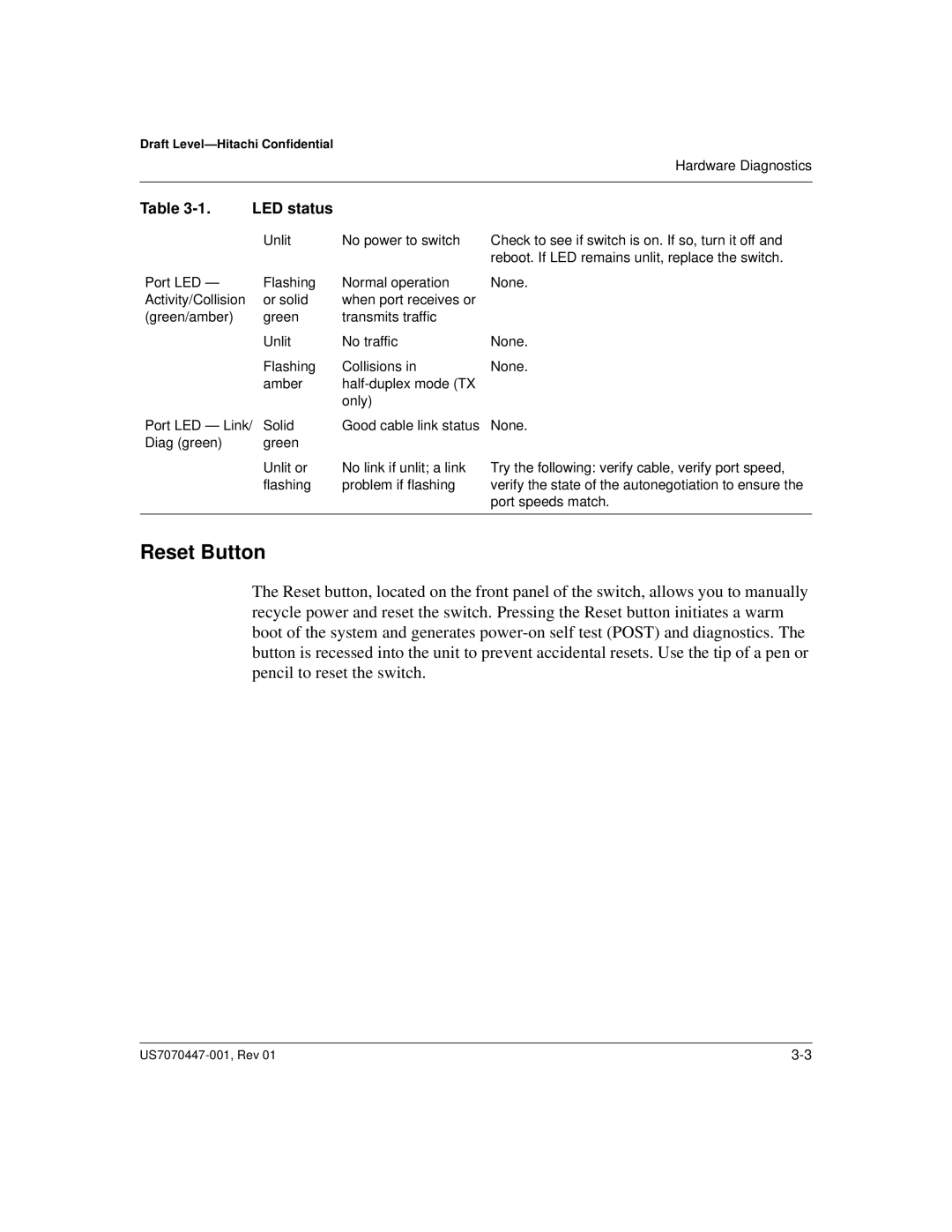 Hitachi US7070447-001 manual Hardware Diagnostics 