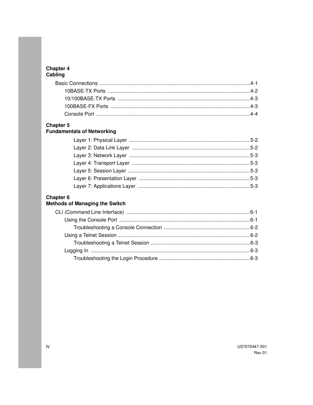 Hitachi US7070447-001 manual Chapter Cabling, Chapter Fundamentals of Networking, Chapter Methods of Managing the Switch 