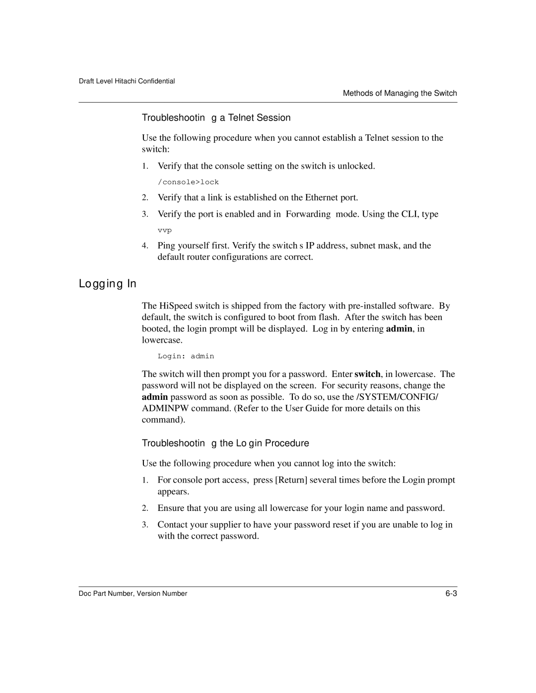 Hitachi US7070447-001 manual Logging, Troubleshooting a Telnet Session 