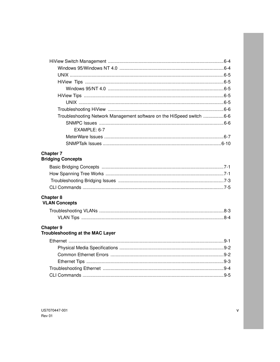 Hitachi US7070447-001 manual Chapter Bridging Concepts, Chapter Vlan Concepts, Chapter Troubleshooting at the MAC Layer 