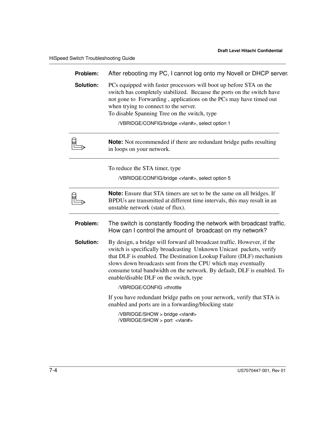 Hitachi US7070447-001 manual To reduce the STA timer, type 