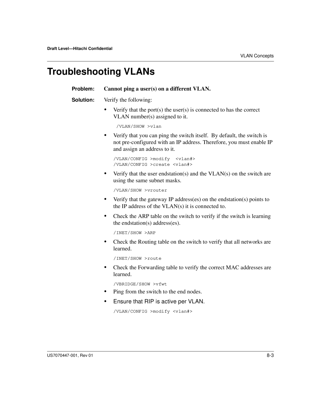 Hitachi US7070447-001 manual Troubleshooting VLANs, Problem Cannot ping a users on a different Vlan 