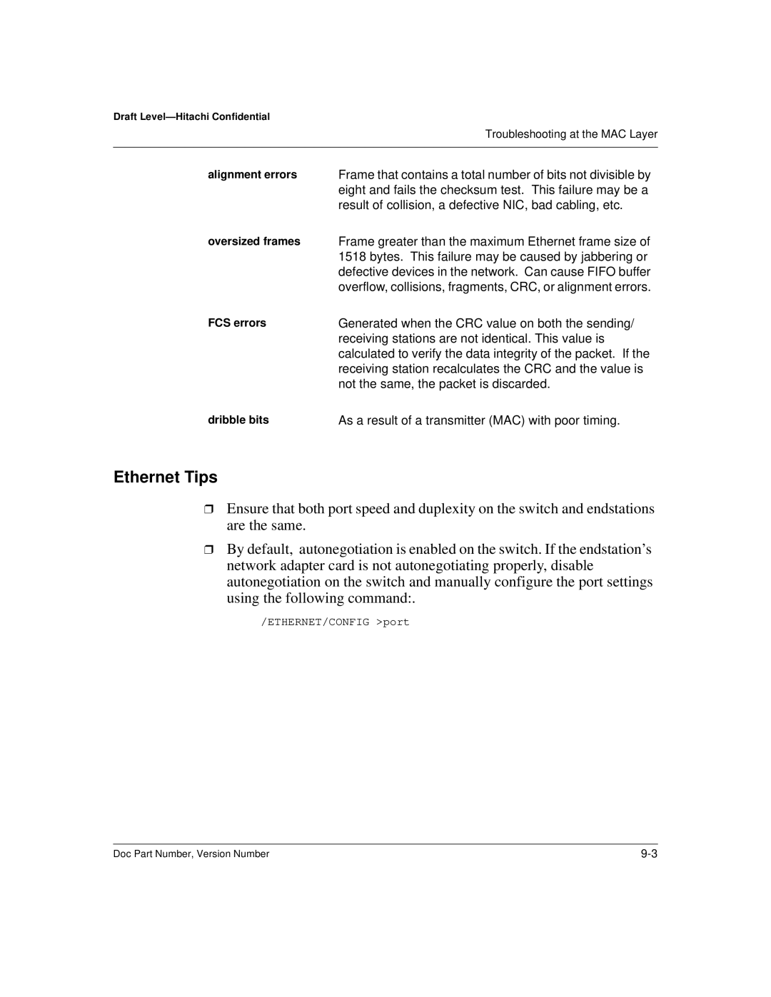 Hitachi US7070447-001 manual Ethernet Tips, Alignment errors, Oversized frames, FCS errors, Dribble bits 