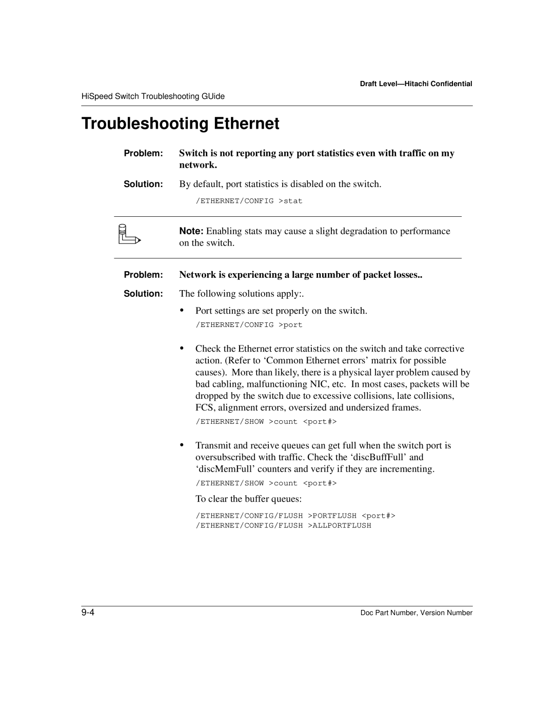 Hitachi US7070447-001 manual Troubleshooting Ethernet, To clear the buffer queues 