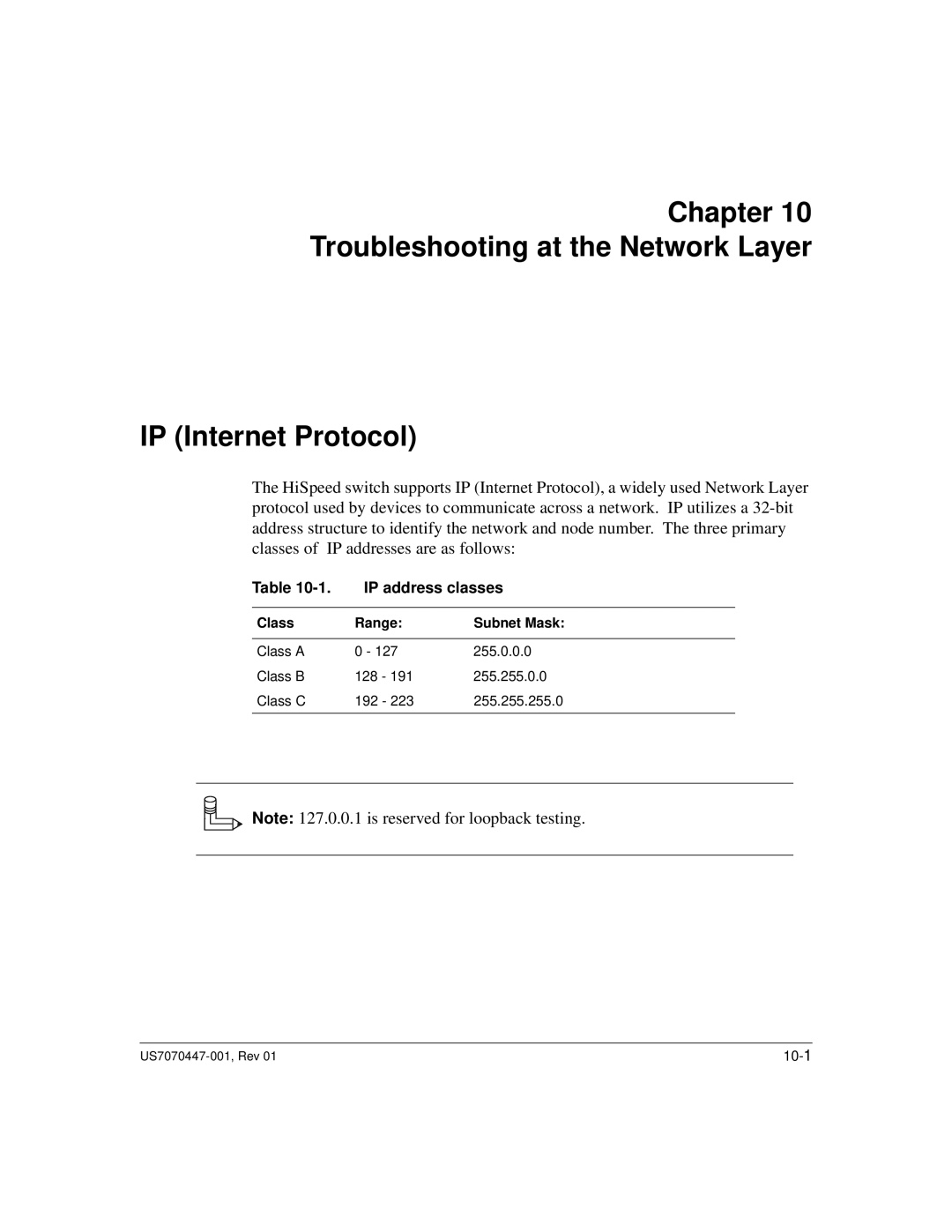 Hitachi US7070447-001 manual IP address classes, Class Range Subnet Mask 