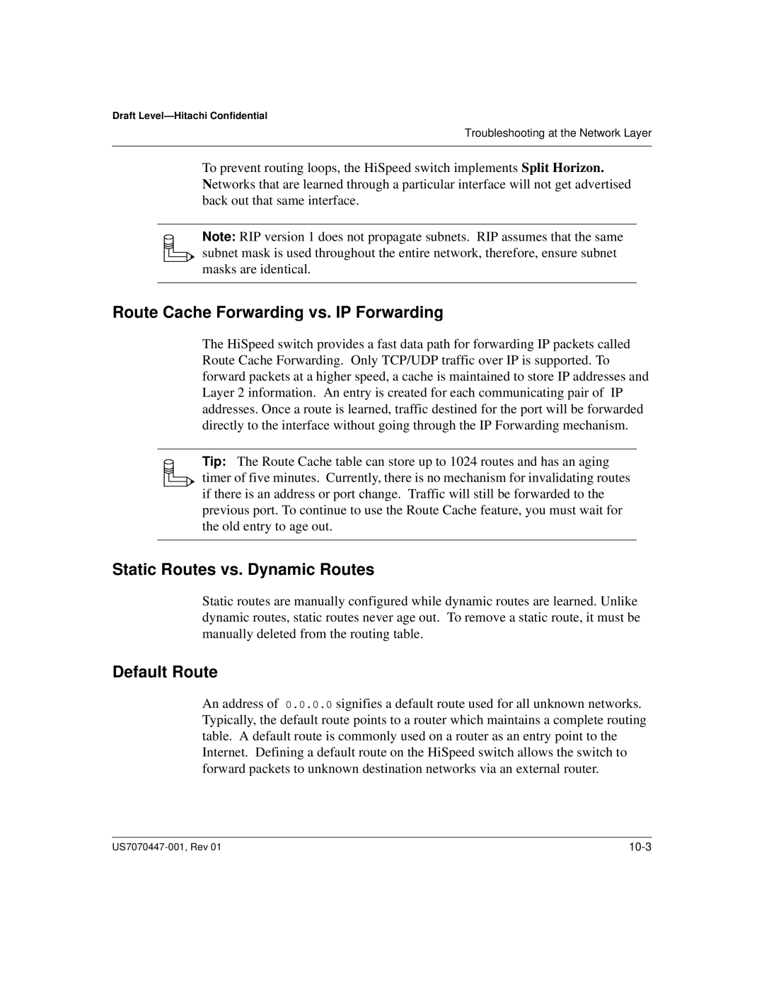 Hitachi US7070447-001 manual Route Cache Forwarding vs. IP Forwarding, Static Routes vs. Dynamic Routes, Default Route 