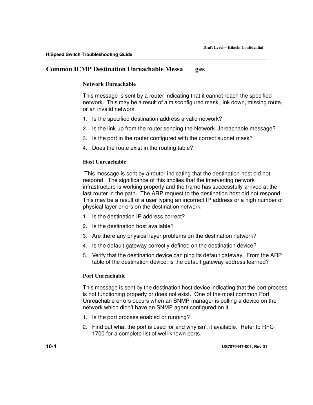 Hitachi US7070447-001 manual Common Icmp Destination Unreachable Messages, Network Unreachable 