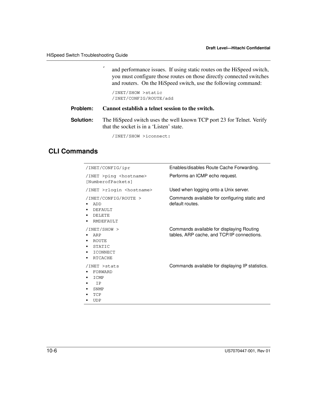 Hitachi US7070447-001 manual CLI Commands, Problem Cannot establish a telnet session to the switch 