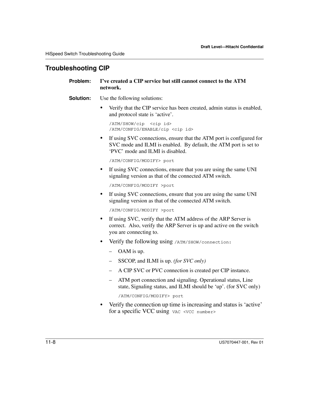 Hitachi US7070447-001 manual Troubleshooting CIP, Verify the following using /ATM/SHOW/connection 