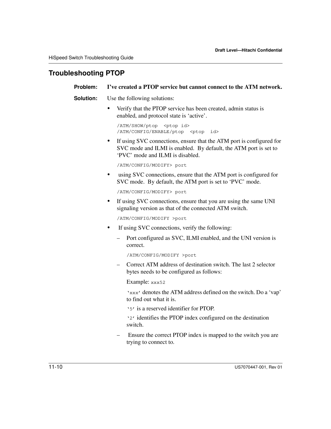 Hitachi US7070447-001 manual Troubleshooting Ptop 