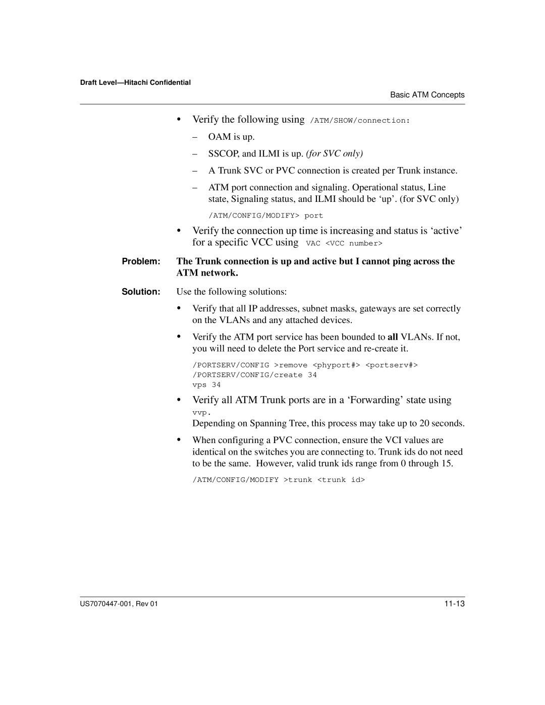 Hitachi US7070447-001 manual Verify all ATM Trunk ports are in a ‘Forwarding’ state using 