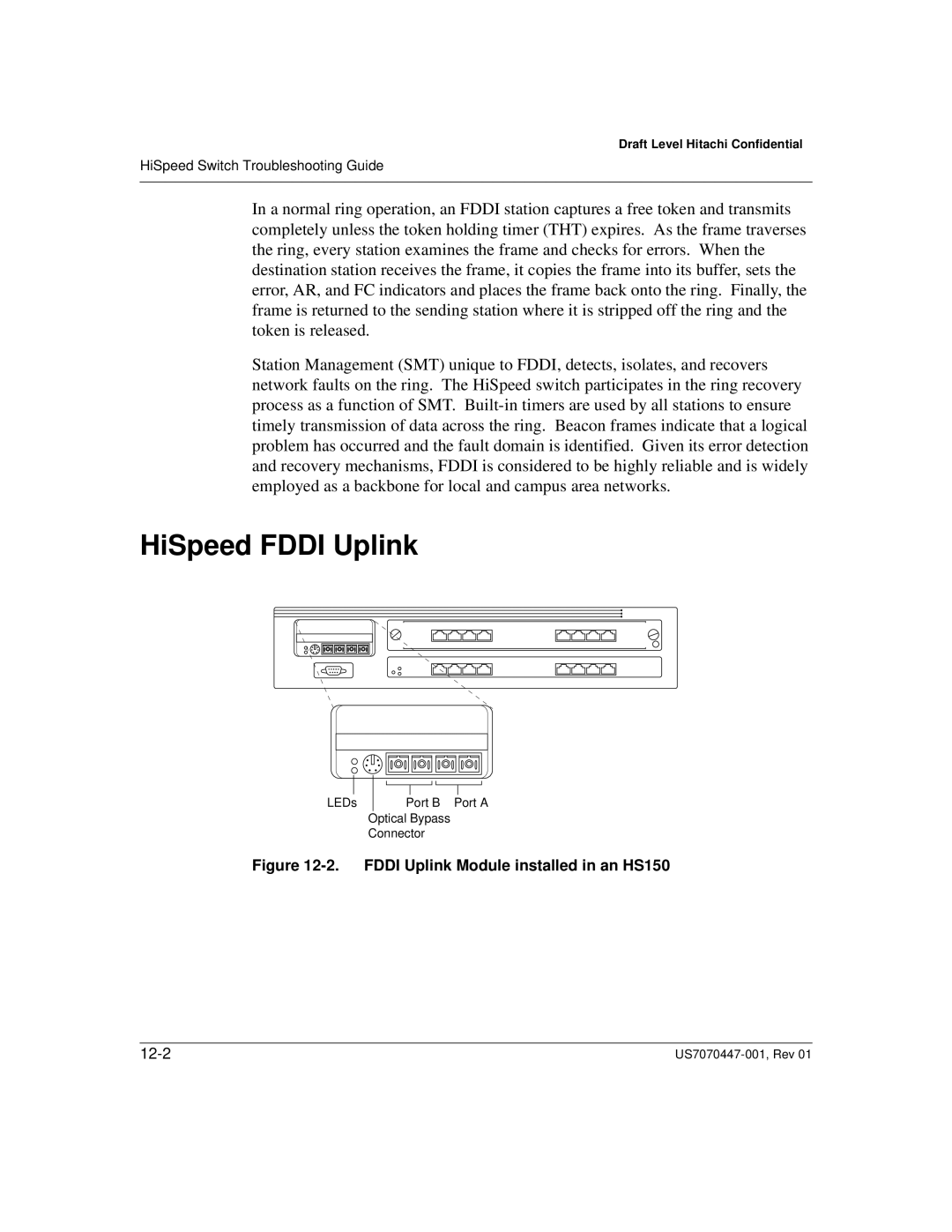 Hitachi US7070447-001 manual HiSpeed Fddi Uplink, Fddi Uplink Module installed in an HS150 