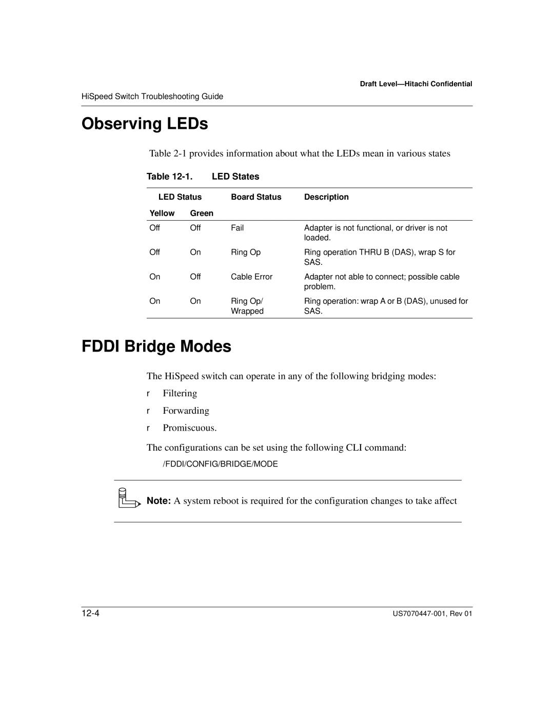 Hitachi US7070447-001 manual Fddi Bridge Modes, LED States, LED Status Board Status Description Yellow Green 