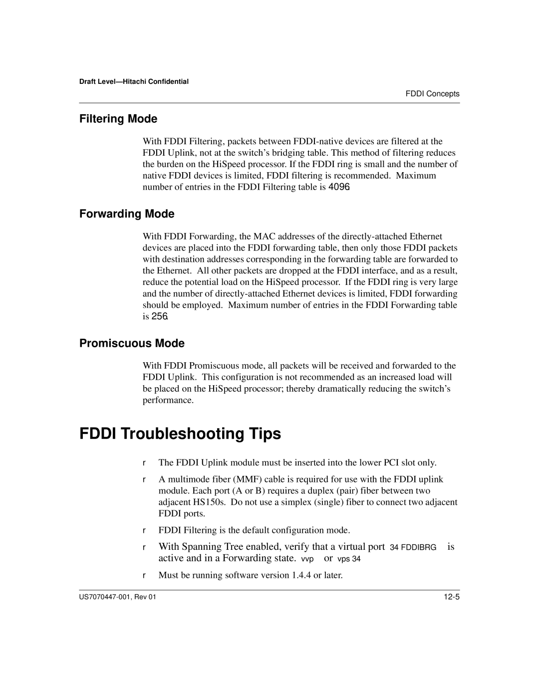 Hitachi US7070447-001 manual Fddi Troubleshooting Tips, Filtering Mode, Forwarding Mode, Promiscuous Mode 