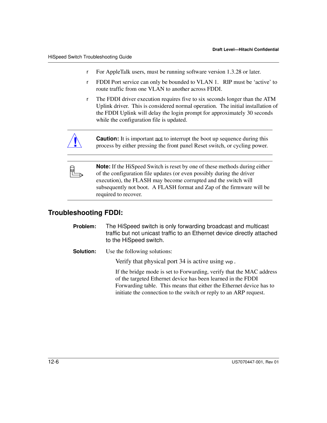 Hitachi US7070447-001 manual Troubleshooting Fddi, Verify that physical port 34 is active using vvp 