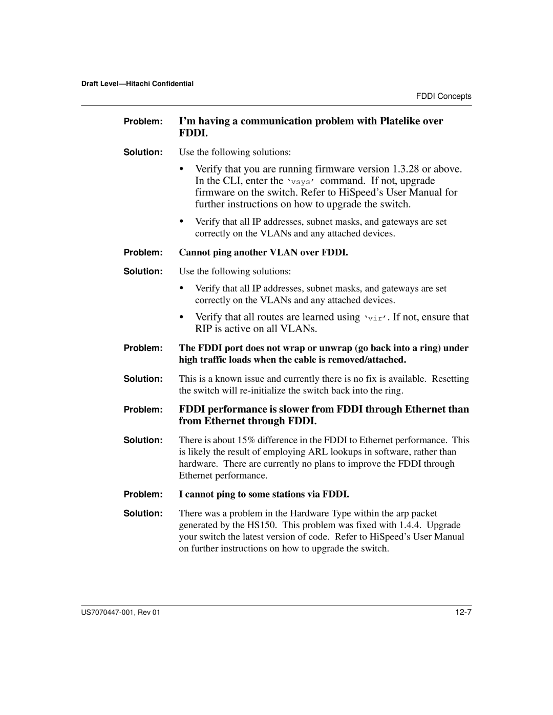 Hitachi US7070447-001 manual Problem Cannot ping another Vlan over Fddi 