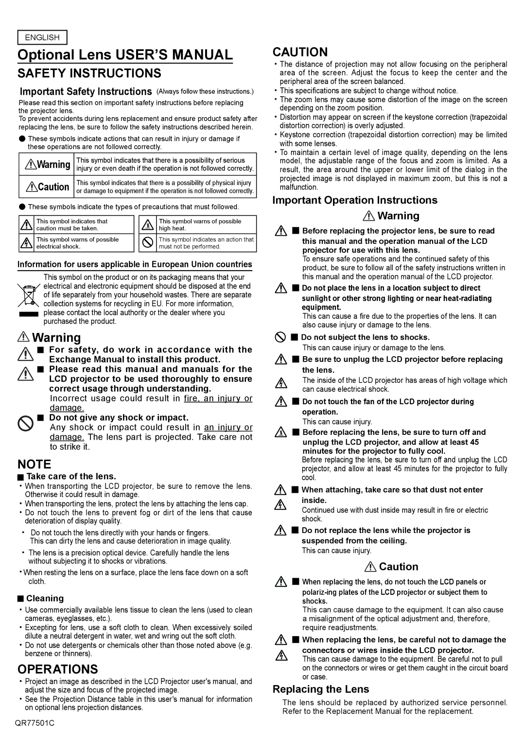 Hitachi SL-803, USL-801, LL-805 important safety instructions Optional Lens USER’S Manual, Safety Instructions, Operations 