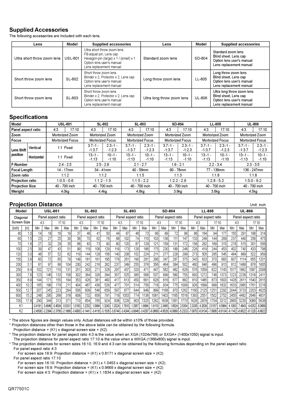 Hitachi LL-805, USL-801, SL-803, SD-804, SL-802 Supplied Accessories, Speciﬁcations, Projection Distance 