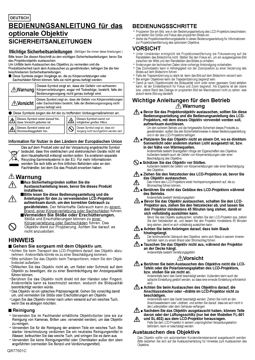 Hitachi SD-804, USL-801, SL-803, LL-805 Bedienungsanleitung für das optionale Objektiv, Sicherheitsanleitungen, Hinweis 