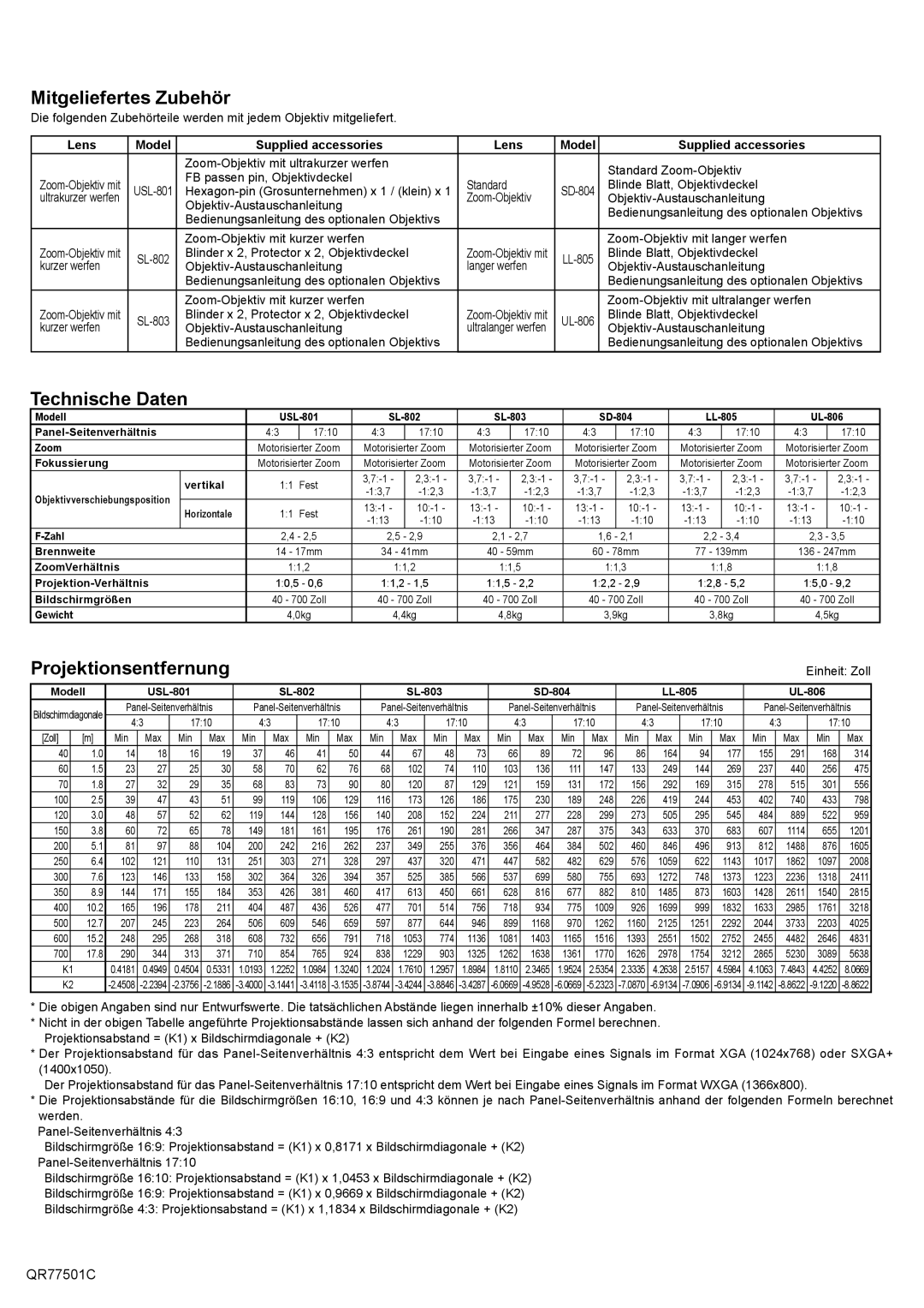 Hitachi SL-802, USL-801, SL-803, LL-805, SD-804 Mitgeliefertes Zubehör, Technische Daten, Projektionsentfernung 