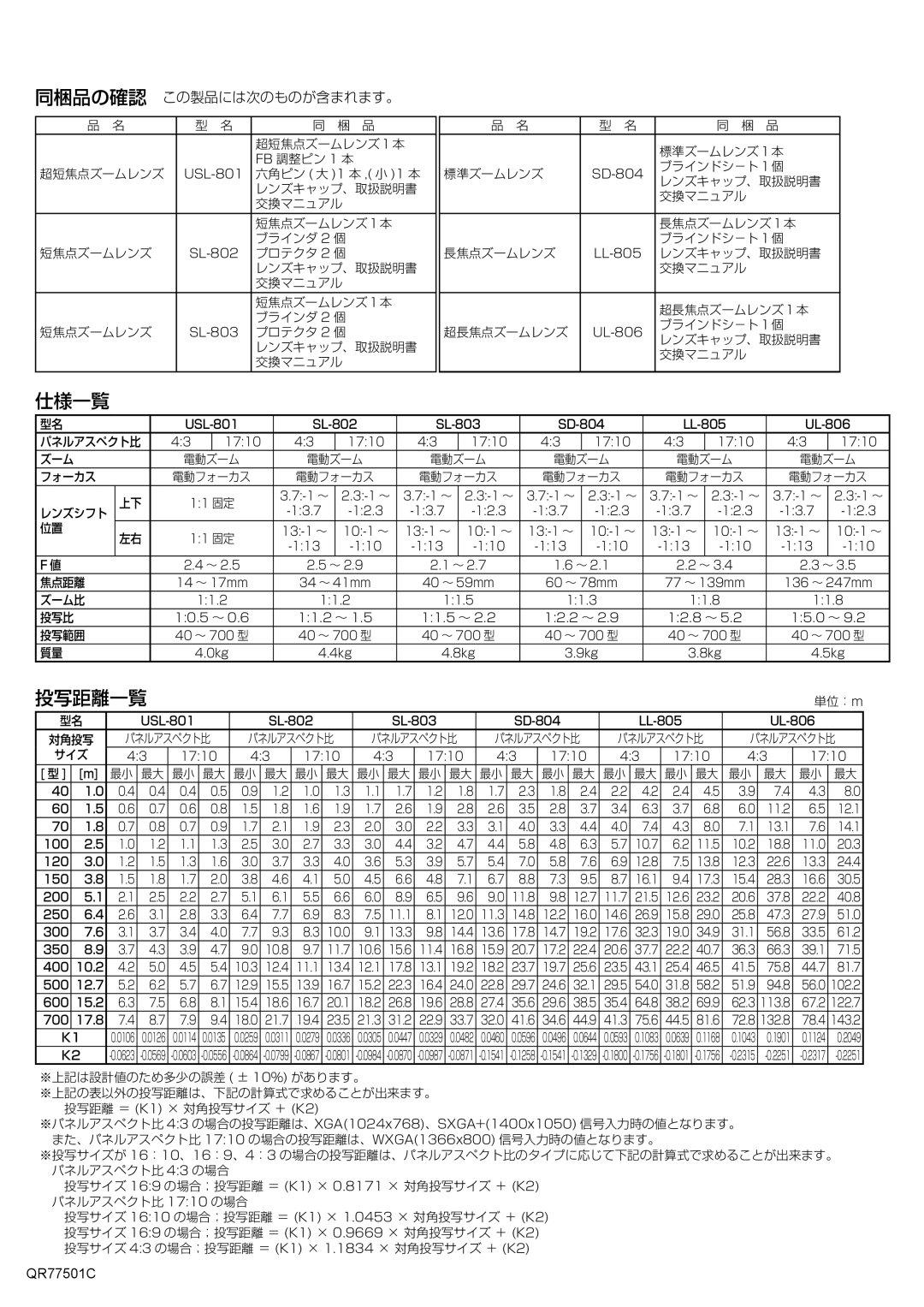 Hitachi SL-803, USL-801, LL-805, SD-804, SL-802 important safety instructions 仕様一覧, 投写距離一覧, 同梱品の確認 この製品には次のものが含まれます。 