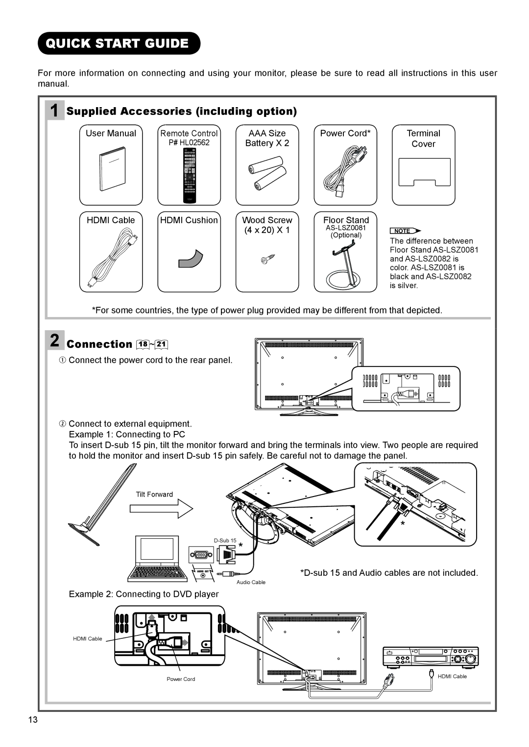 Hitachi UT32A302W manual Quick Start Guide, Supplied Accessories including option, Connection 18 ~ 