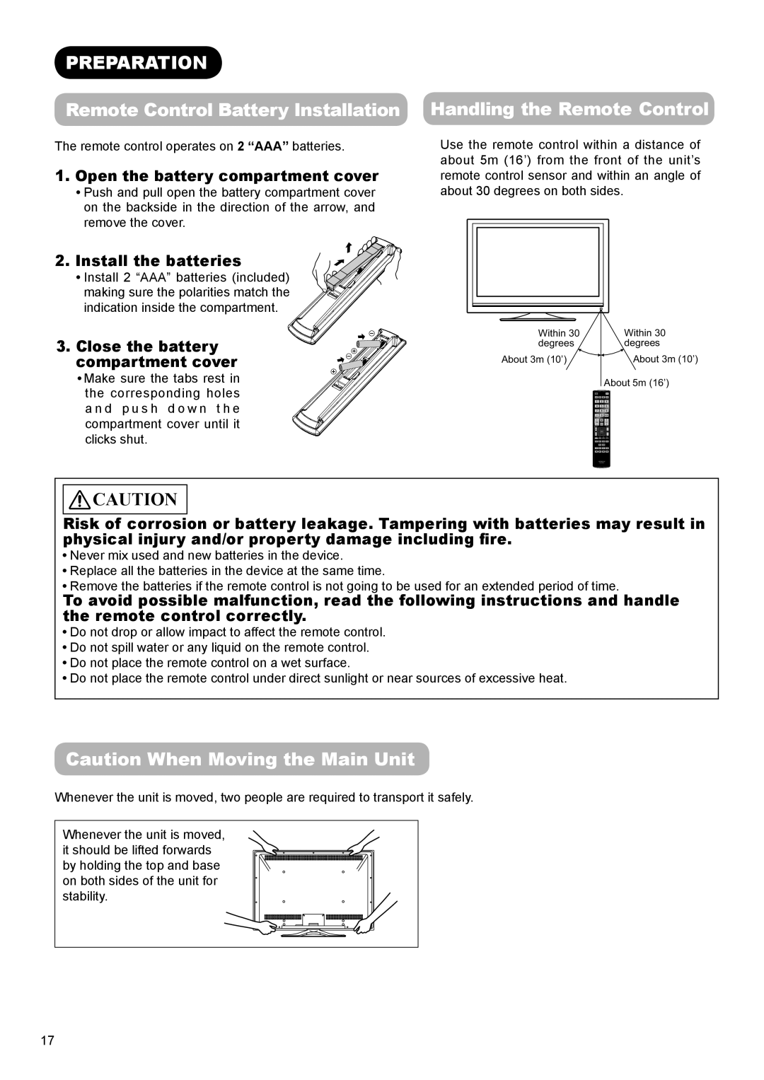 Hitachi UT32A302 Preparation, Remote Control Battery Installation, Handling the Remote Control, Install the batteries 