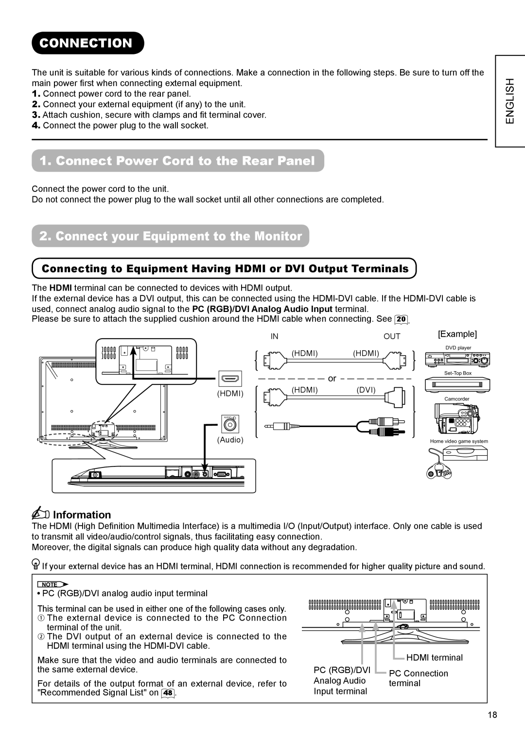 Hitachi UT32A302W Connection, Connect Power Cord to the Rear Panel, Connect your Equipment to the Monitor, Information 