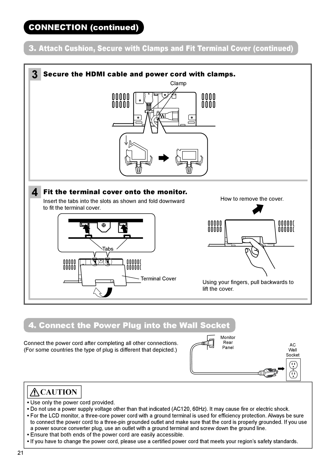 Hitachi UT32A302 Connection, Connect the Power Plug into the Wall Socket, Secure the Hdmi cable and power cord with clamps 