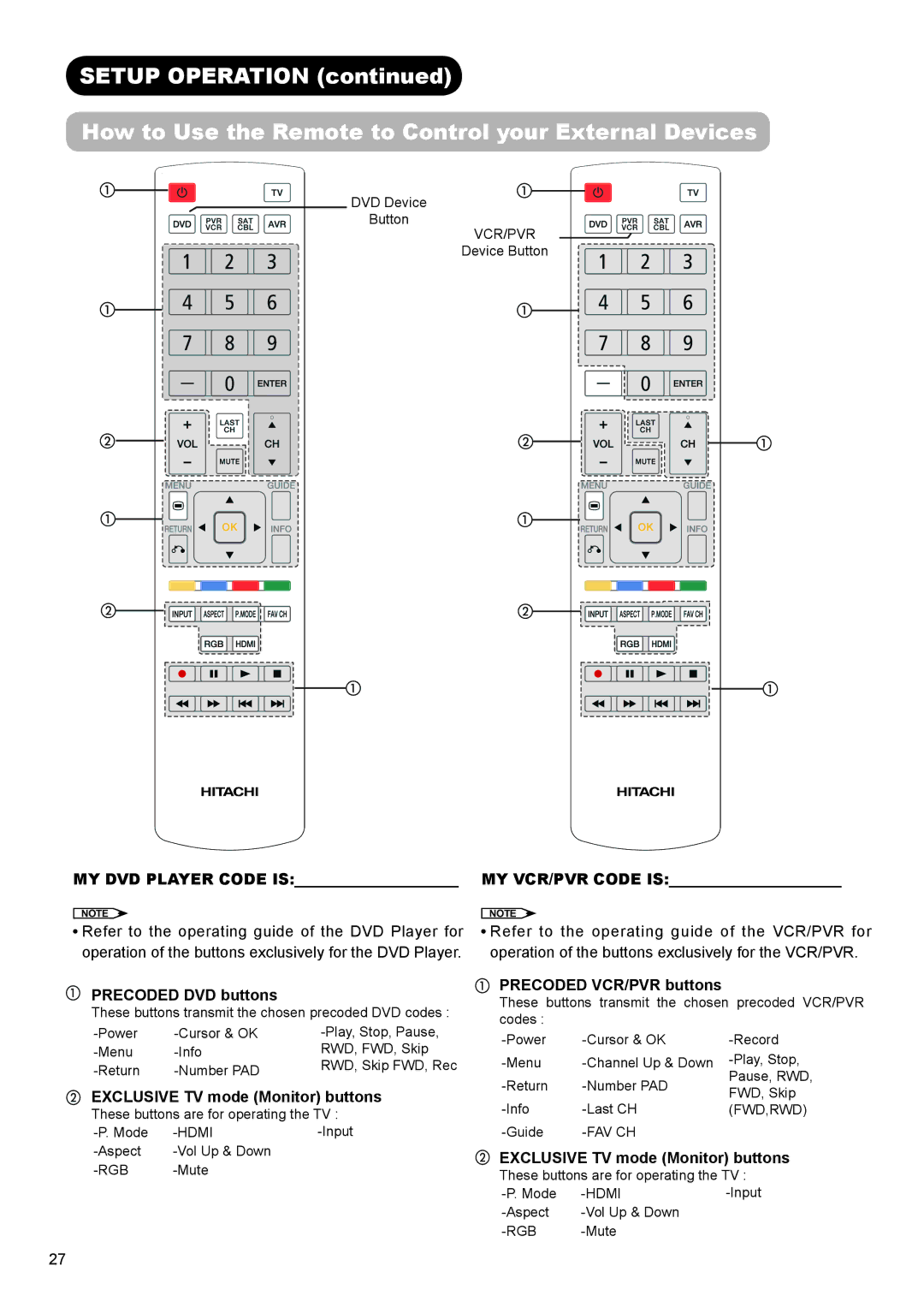 Hitachi UT32A302W manual MY DVD Player Code is MY VCR/PVR Code is, Precoded DVD buttons, Precoded VCR/PVR buttons 