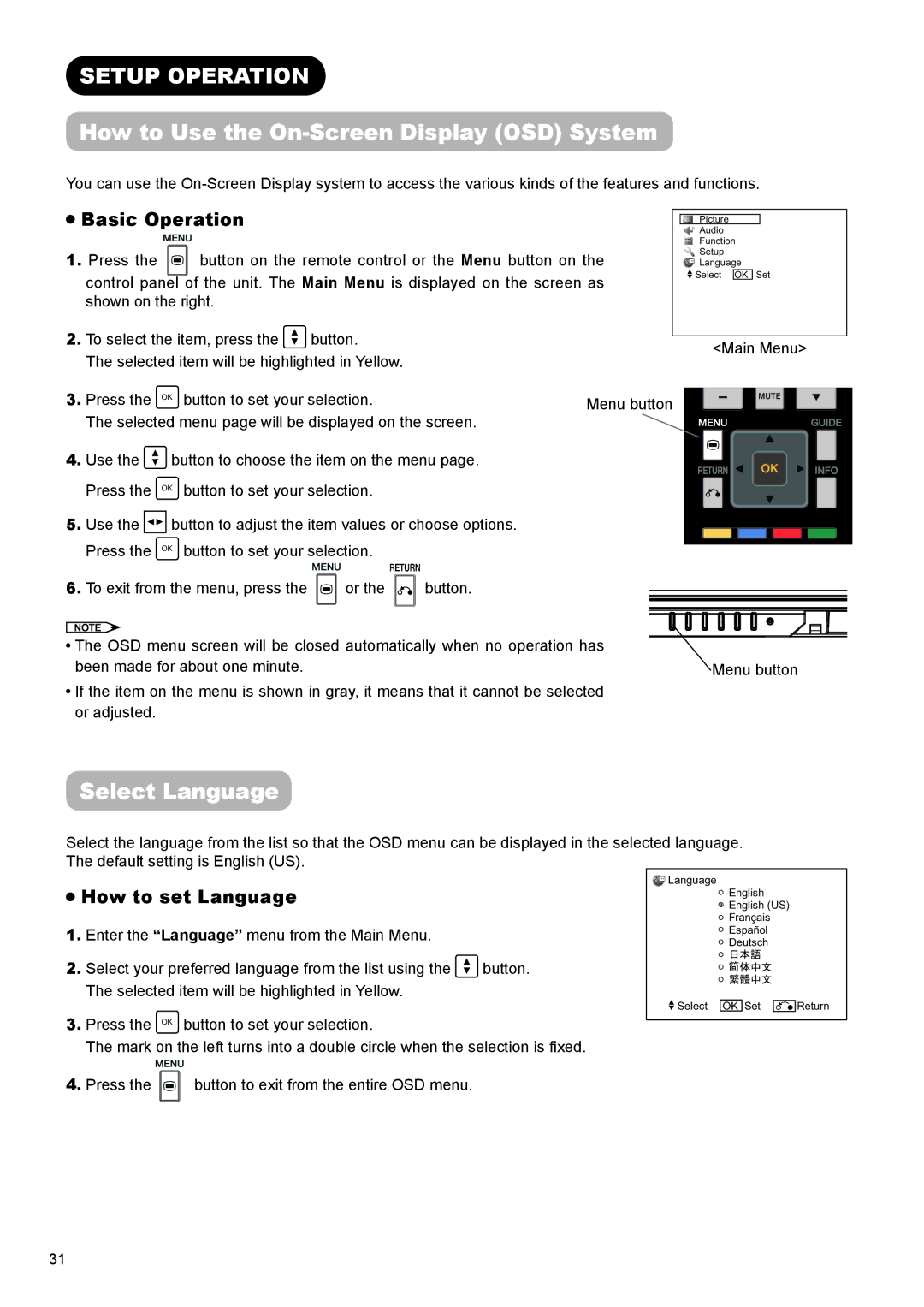 Hitachi UT32A302 manual How to Use the On-Screen Display OSD System, Select Language, Basic Operation, How to set Language 