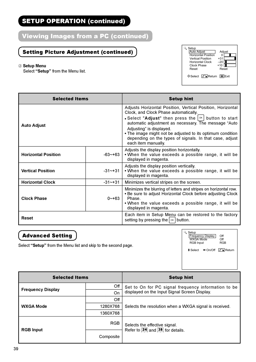 Hitachi UT32A302 Setup Menu, Auto Adjust, Horizontal Position, Vertical Position, Horizontal Clock, Clock Phase, Wxga Mode 