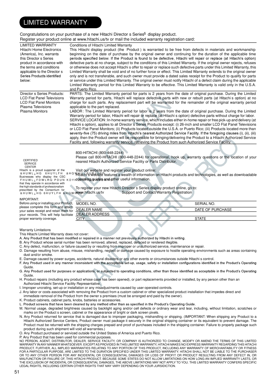 Hitachi UT32A302W manual Conditions of Hitachi Limited Warranty, Visit our website and register your product online 