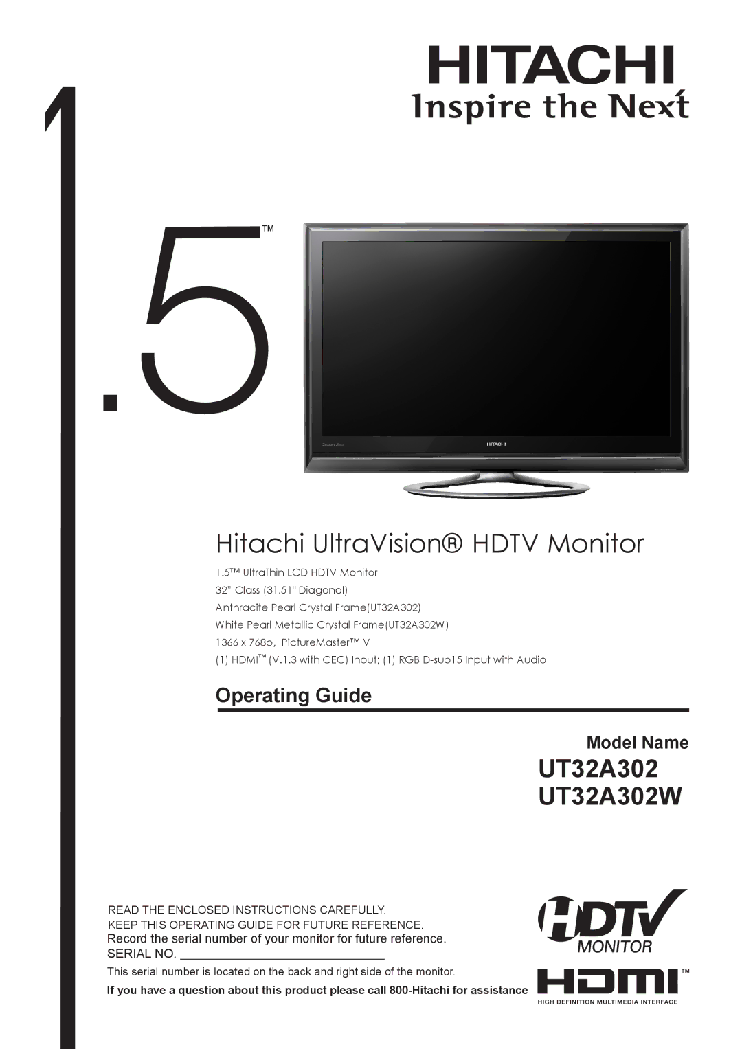 Hitachi UT32A302W manual Hitachi UltraVision Hdtv Monitor 