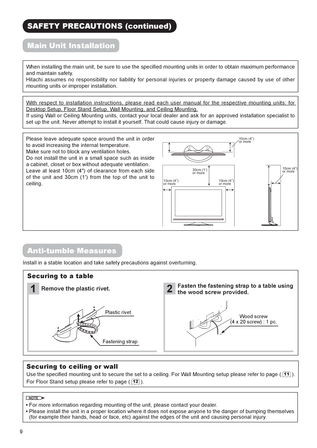 Hitachi UT32A302W manual Safety Precautions Main Unit Installation, Anti-tumble Measures, Securing to a table 