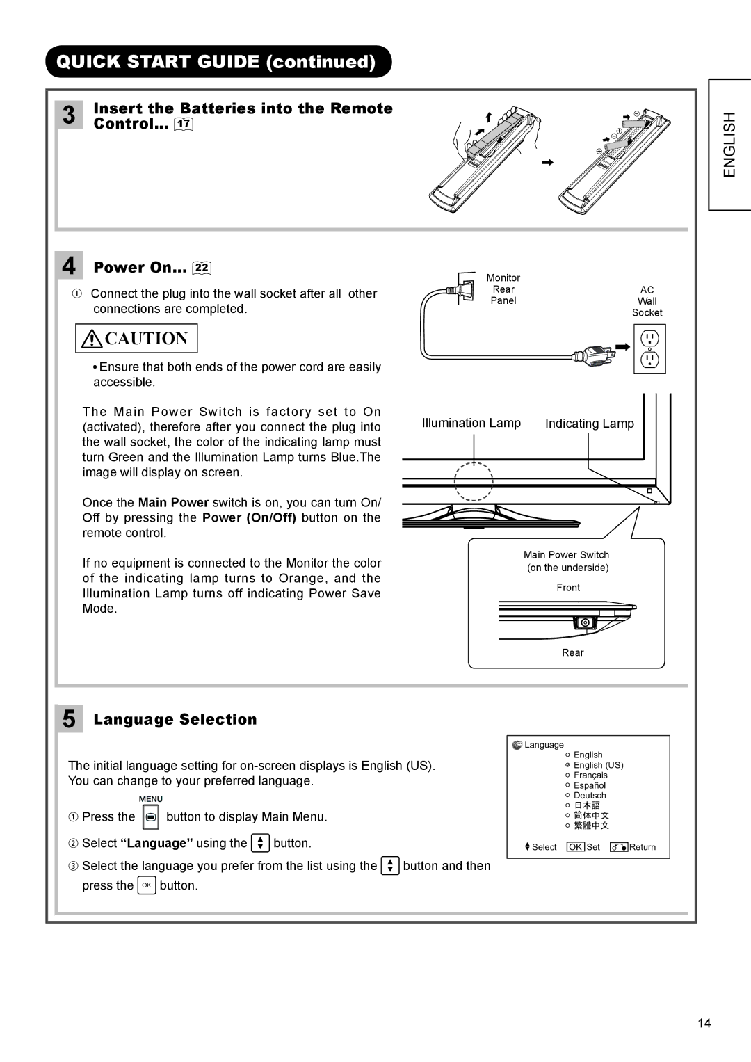 Hitachi UT32A302W manual Quick Start Guide, Insert the Batteries into the Remote, Control, Power On, Language Selection 