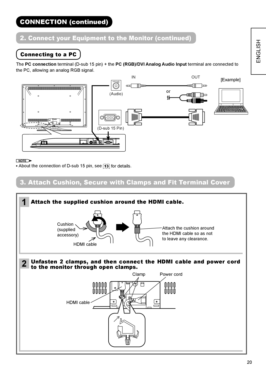 Hitachi UT32A302W manual Attach Cushion, Secure with Clamps and Fit Terminal Cover, Connecting to a PC 