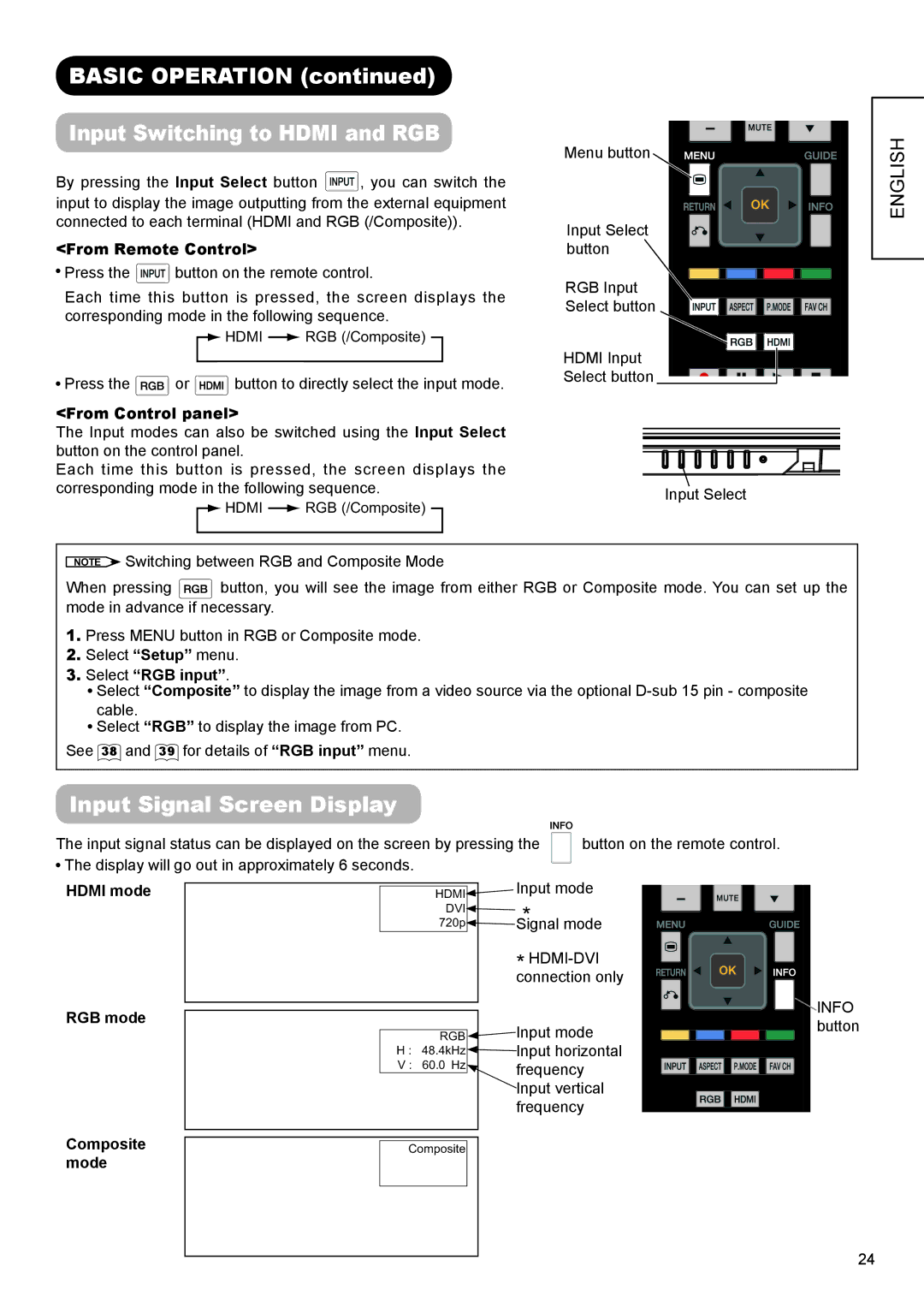 Hitachi UT32A302W manual Basic Operation Input Switching to Hdmi and RGB, Input Signal Screen Display 