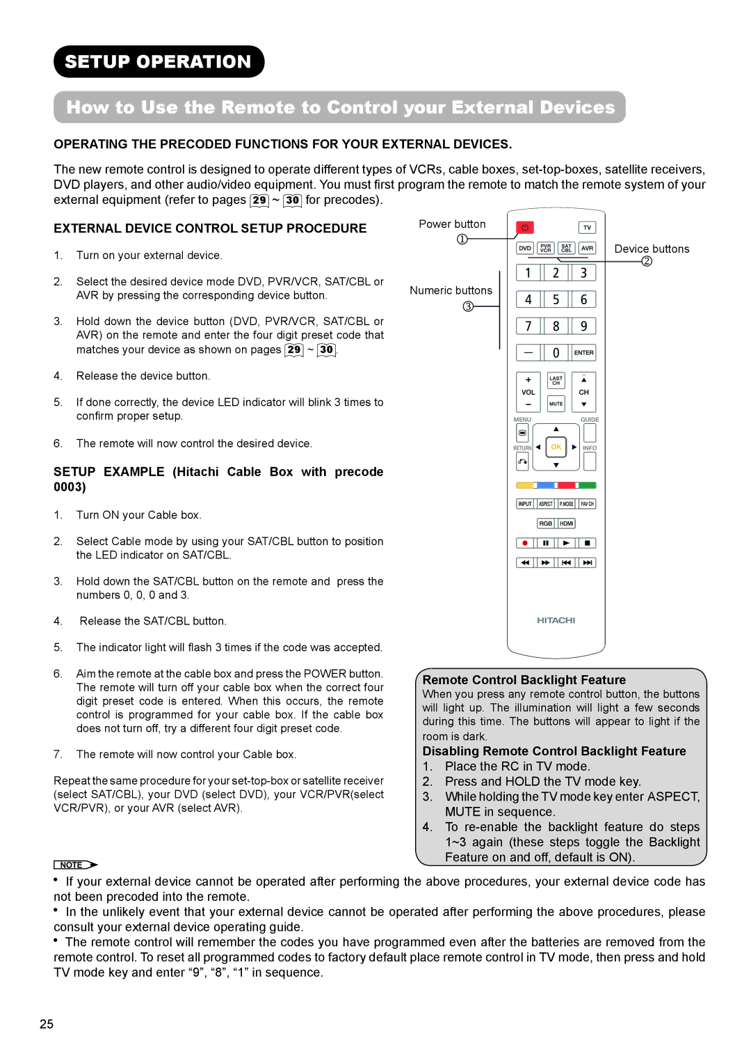 Hitachi UT32A302 Setup Operation, How to Use the Remote to Control your External Devices, Remote Control Backlight Feature 