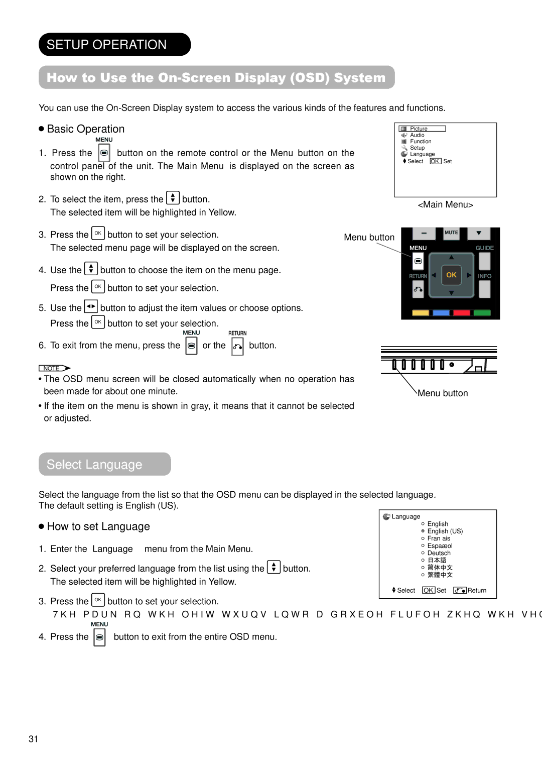 Hitachi UT32A302 manual How to Use the On-Screen Display OSD System, Select Language, Basic Operation, How to set Language 