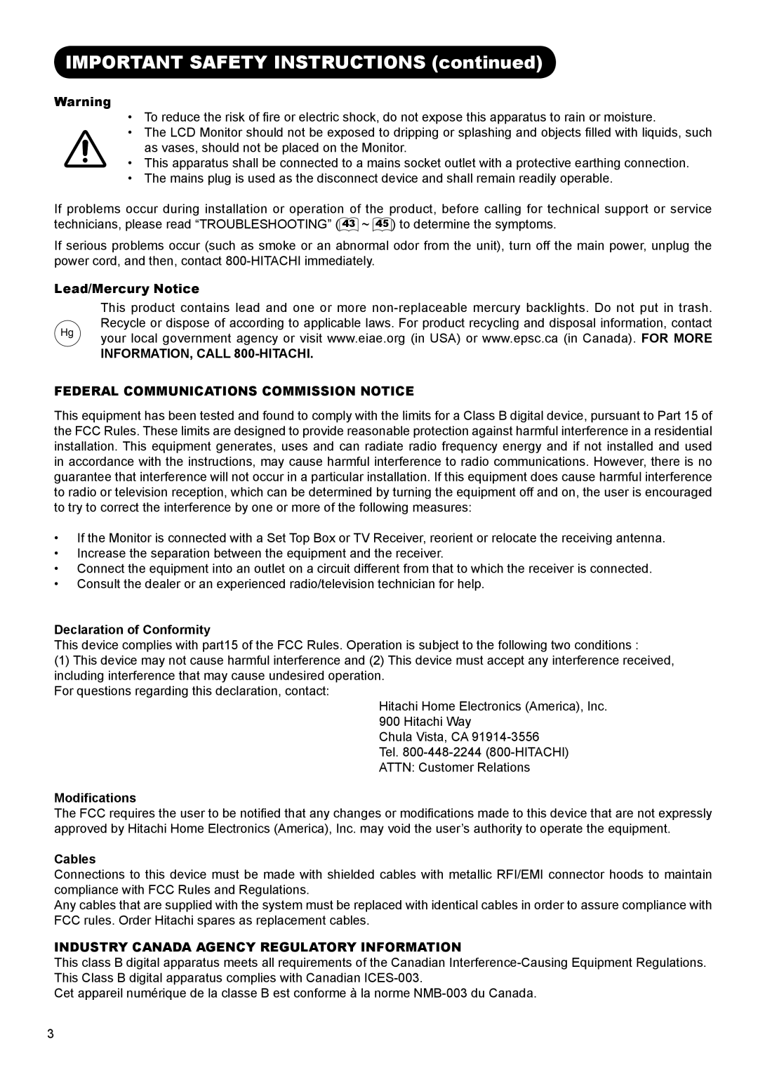 Hitachi UT32A302 Important Safety Instructions, Lead/Mercury Notice, Declaration of Conformity, Modifications, Cables 