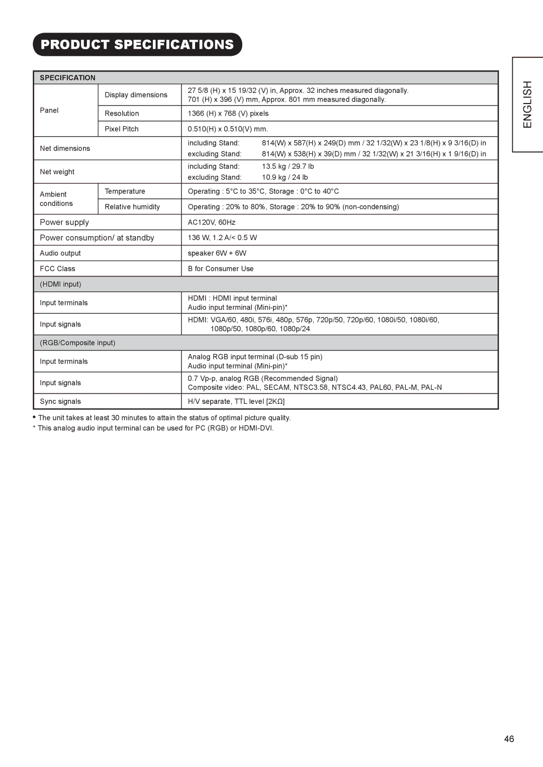 Hitachi UT32A302W manual Product Specifications 