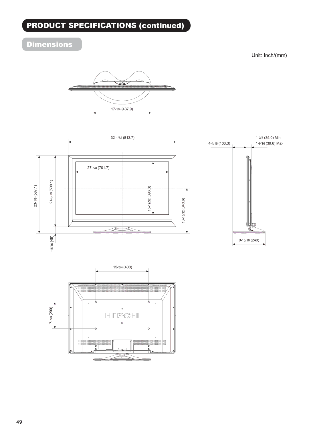 Hitachi UT32A302W manual Product Specifications Dimensions, Unit Inch/mm 