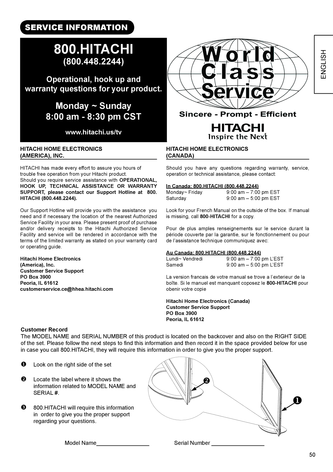 Hitachi UT32A302W manual Service Information, Operational, hook up Warranty questions for your product, Customer Record 
