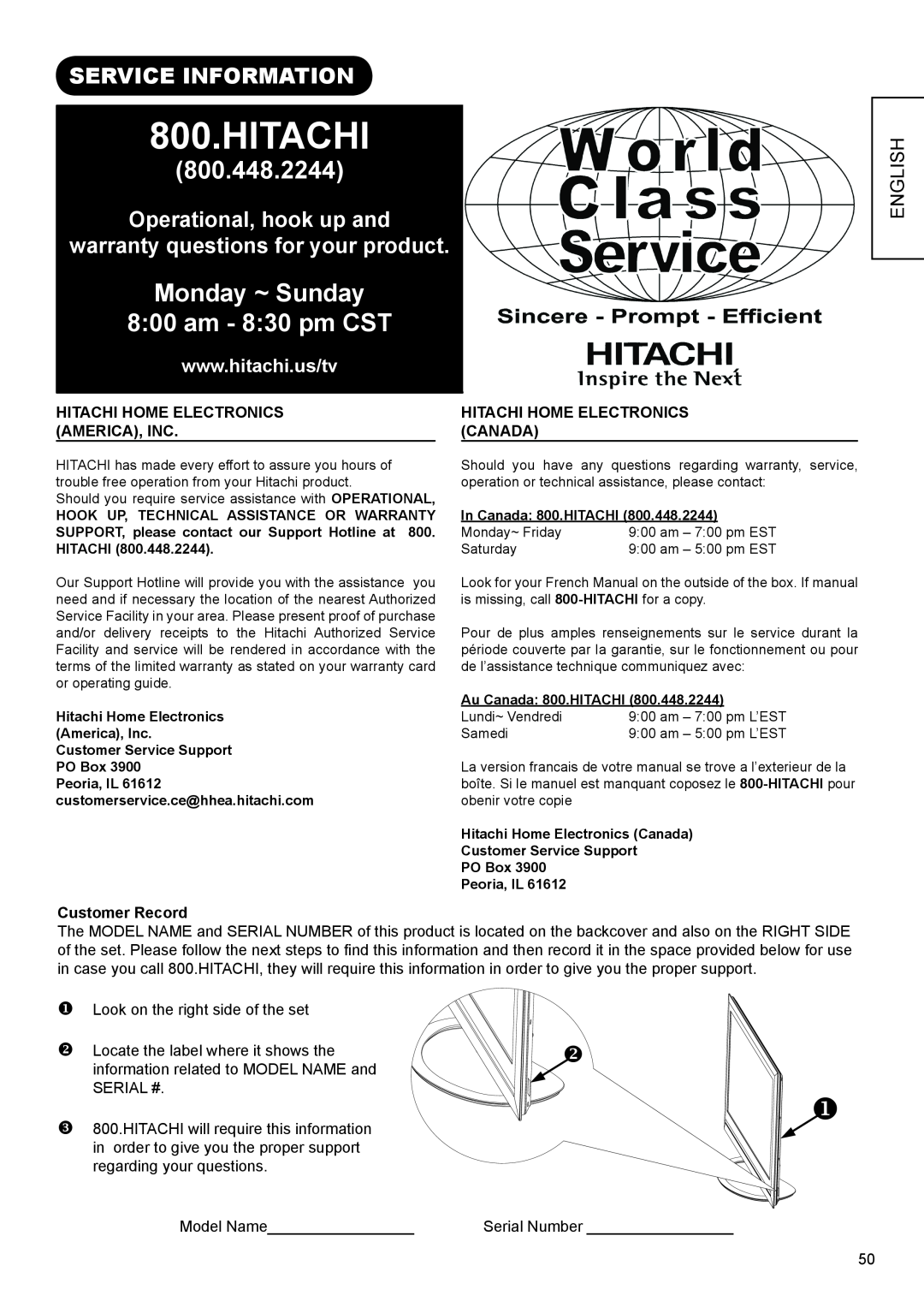 Hitachi UT32A302W Service Information, Operational, hook up and warranty questions for your product, Hitachi, 800.448.2244 